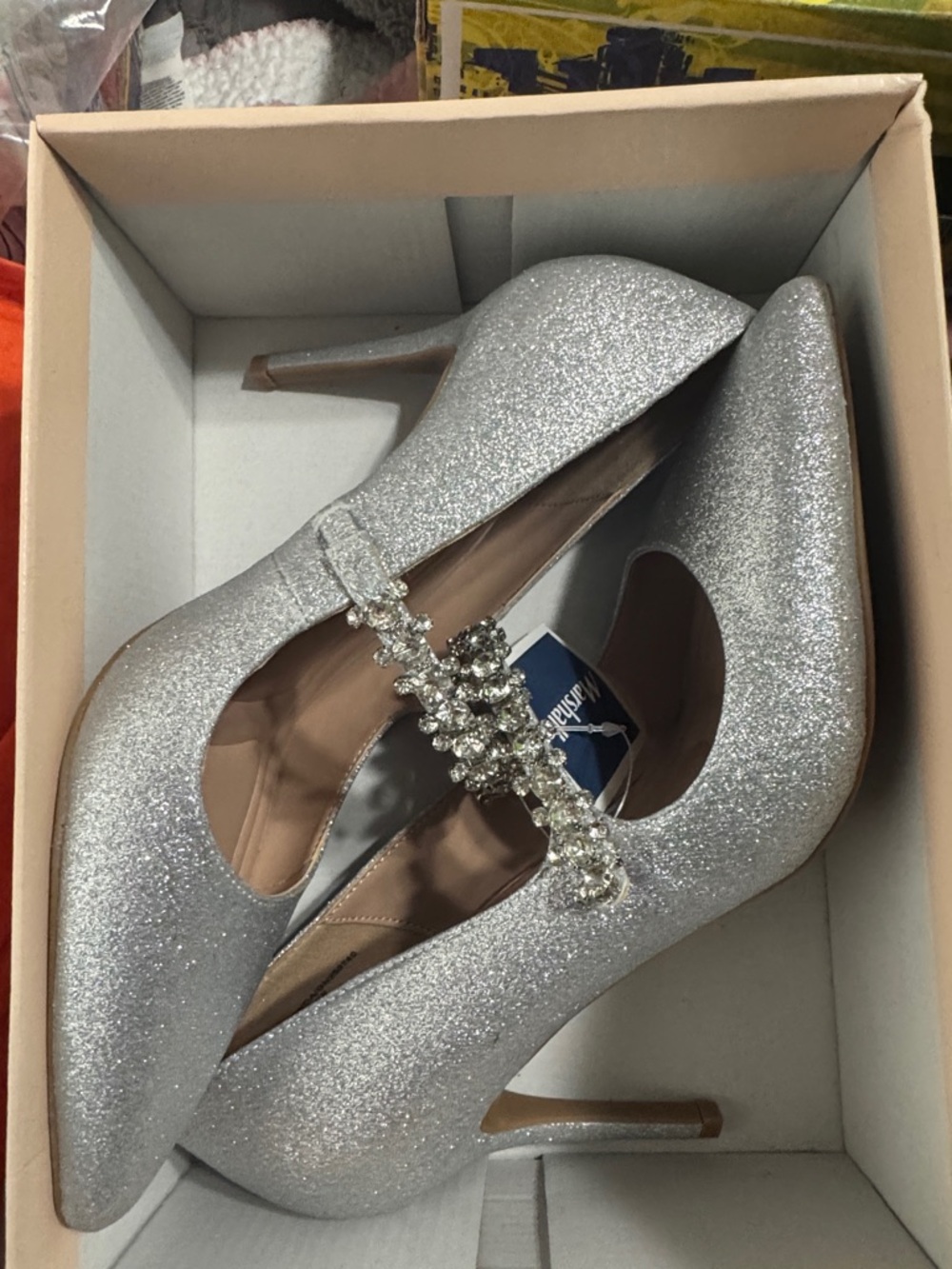 BCBGeneration Silver Glitter Pointed Toe Heels with Crystal T-Strap Accent